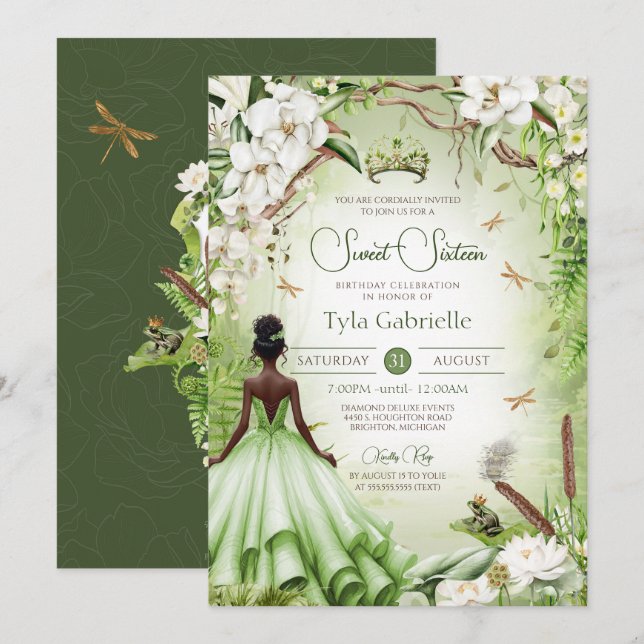 Die Froschprinz-Märchenprinzessin Sweet 16 Einladung (Vorne/Hinten)