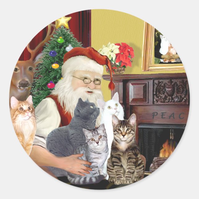 Die fünf Katzen des Weihnachtsmanns Runder Aufkleber (Vorderseite)