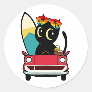 Die Funny Black Cat fährt zum Strand Runder Aufkleber