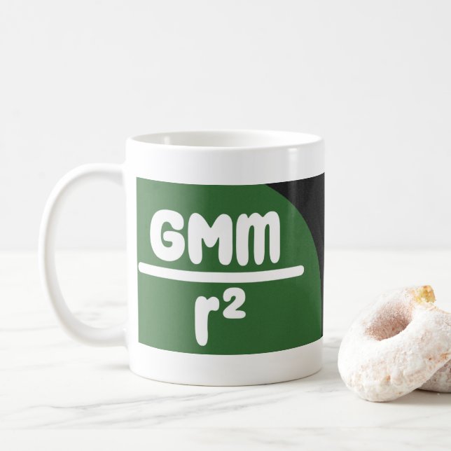 Die Fusionsformel-Tasse: F=ma und F=GMm/r^2 Kaffeetasse (Mit Donut)