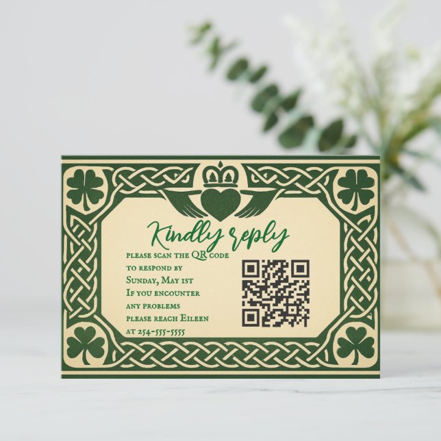 Die gälische QR-Siegel-Hochzeitkarte für RSVP (Stehend Vorderseite)