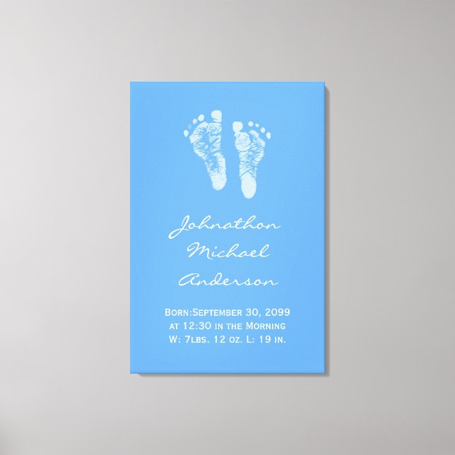Die Geburtsankündigung von Boy Blue Baby Footprint Leinwanddruck (Vorderseite)