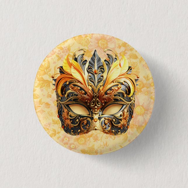Die gelbe Federmaske im Blumenmuster Button (Vorderseite)