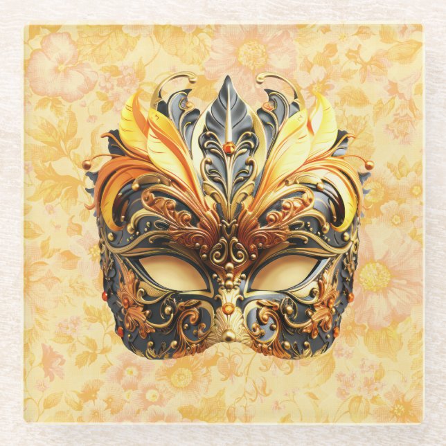 Die gelbe Federmaske im Blumenmuster Glasuntersetzer (Vorderseite)