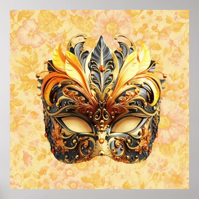 Die gelbe Federmaske im Blumenmuster Poster (Vorne)