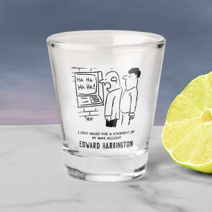 Die Geldmaschine lacht beim Cartoon des Kunden. Schnapsglas