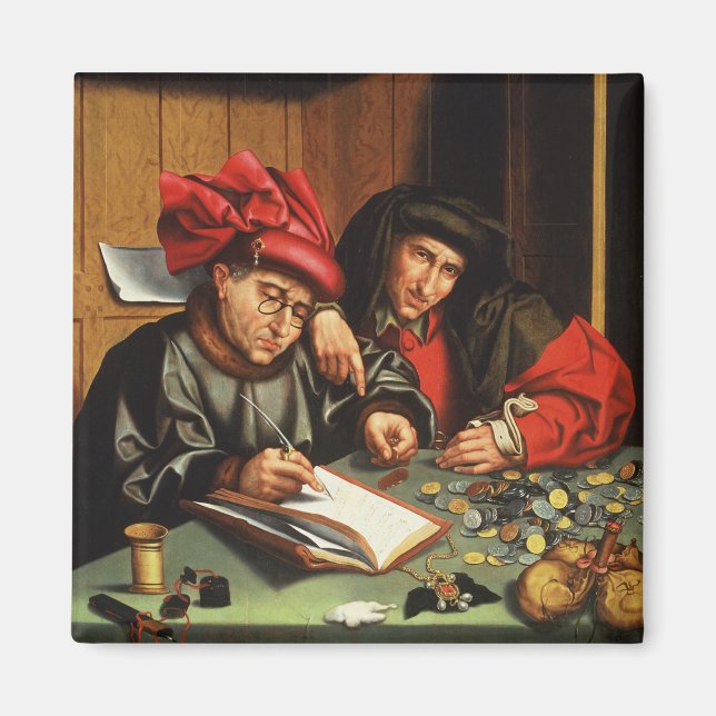 Die Geldverleiher (Öl auf Eichenplatten) Magnet (Vorne)