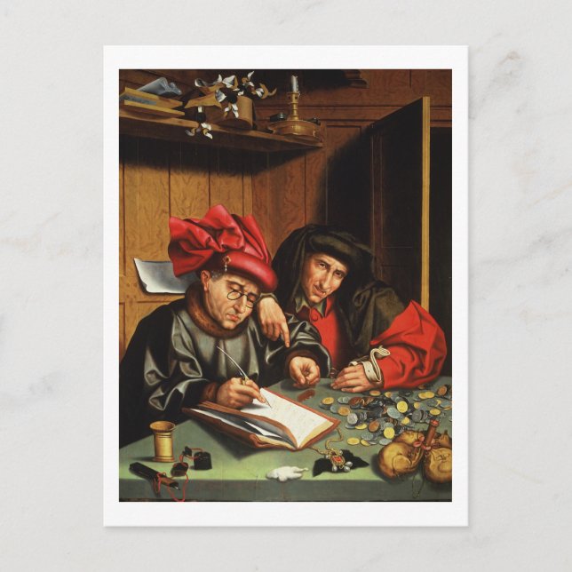 Die Geldverleiher (Öl auf Eichenplatten) Postkarte (Vorderseite)
