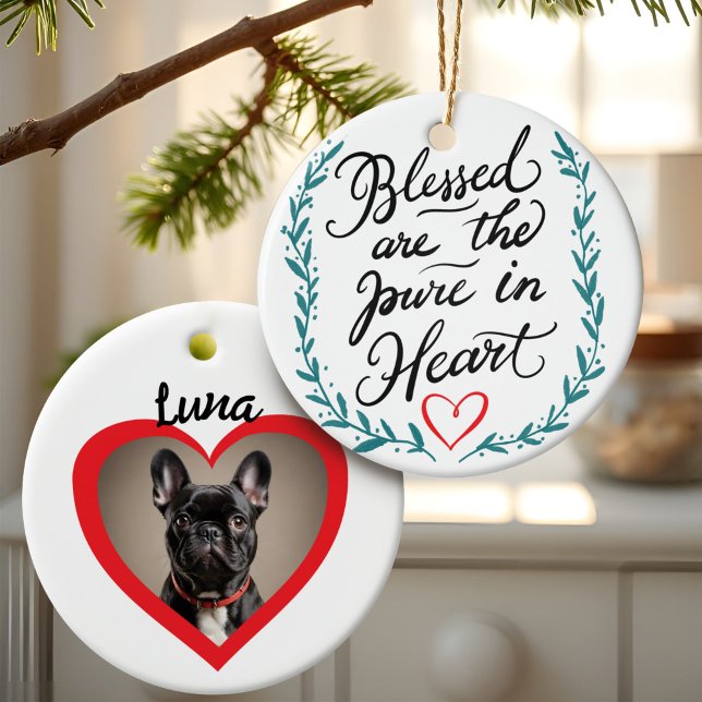 Die gesegnete Pet-Gedenkstätte ist das reinste Fot Keramik Ornament (Blessed are the Pure in Heart pet memorial photo ornament with heart frame, Christian sympathy gift.)