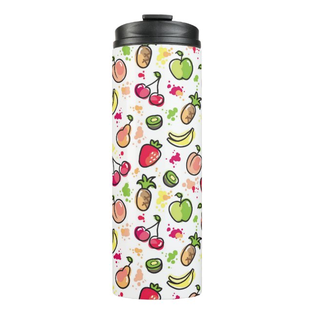 die gezeichnete Hand trägt Muster Früchte Thermosbecher (Vorderseite)