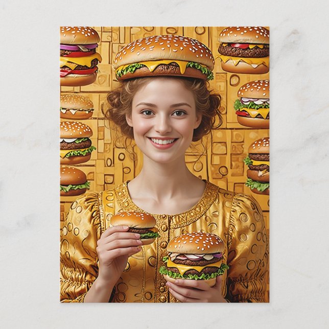 Die glückliche Cheeseburger Lady in Cheeseburger C Postkarte (Vorderseite)