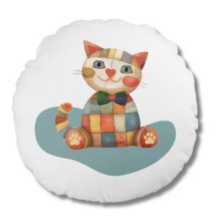 Die glückliche Katze - farbenfrohe Patchworkarbeit Rundes Kissen