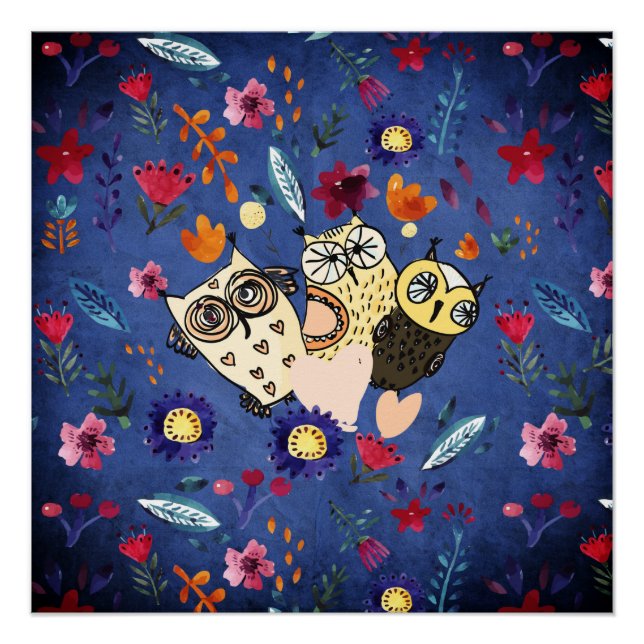 Die glückliche Vogeltierfamilie im Blumengarten Poster (Vorderseite)