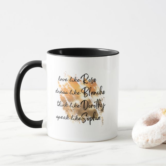 Die Golden Girls Schwarz und Weiß Typografie Gold Tasse (Mit Donut)