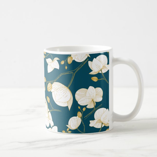 Die goldfarbene und weiße, elegante Orchidee bläst Kaffeetasse (Rechts)