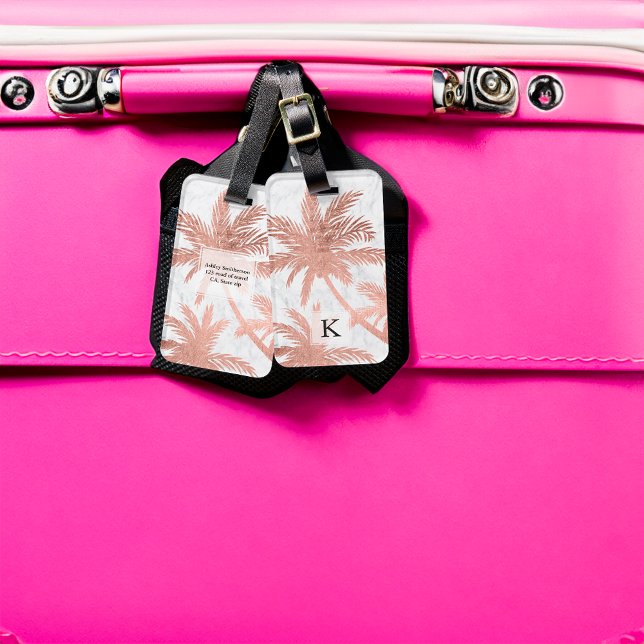 Die goldgelben Palmen aus tropischer Rose sind aus Gepäckanhänger (Tropical simple rose gold palm trees white marble. luggage tag)