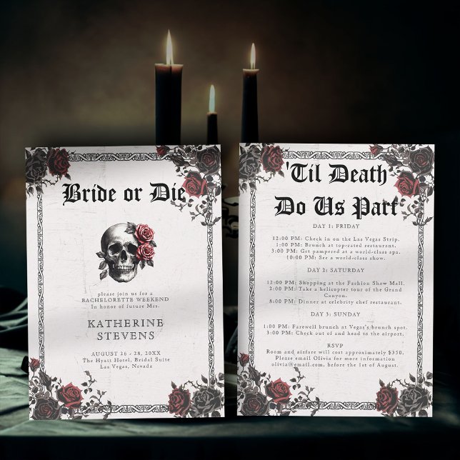 Die Goth Floral Junggeselinnen-Abschied Route Einladung (bride or die bachelorette party invitation weekend itinerary skull floral roses romantic moody goth)
