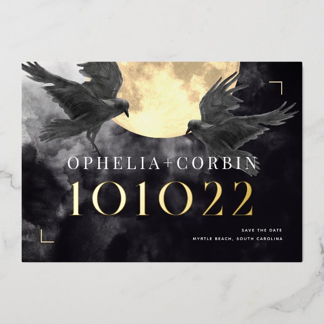 Die gotische Hochzeit des Raven & Golden Moon rett Folieneinladung (Vorderseite)