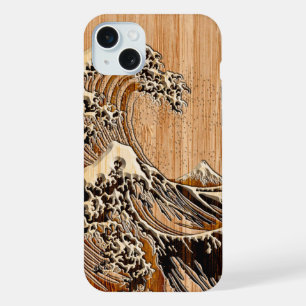 Die große Hokusai-Welle im Bambus-Holz-Stil iPhone 15 Plus Hülle