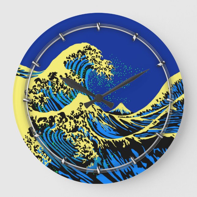 Die große Hokusai-Welle im Stil des blauen gelben  Große Wanduhr (Vorderseite)