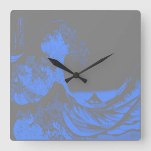 Die Große Welle blau & grau überwachen Quadratische Wanduhr