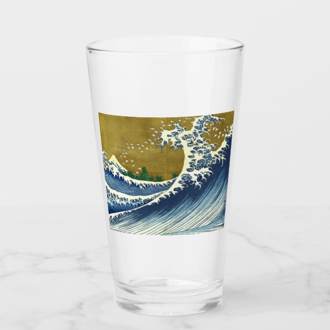 Die große Welle (blaue und goldene japanische Kuns Glas (Vorderseite)