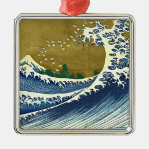 Die große Welle (blaue und goldene japanische Kuns Ornament Aus Metall