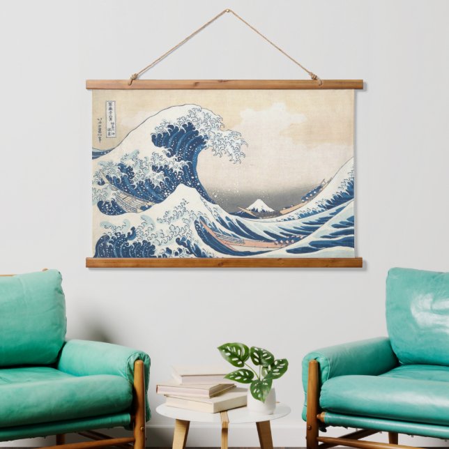 Die große Welle der japanischen Kunst vor Kanagawa Wandteppich Mit Holzrahmen (Wohnzimmer)