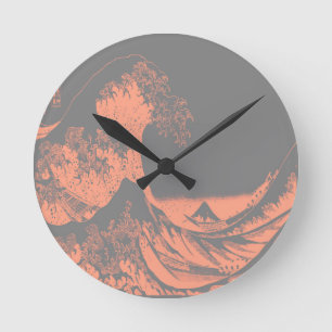 Die große Welle Pfirsich & Grau Runde Wanduhr