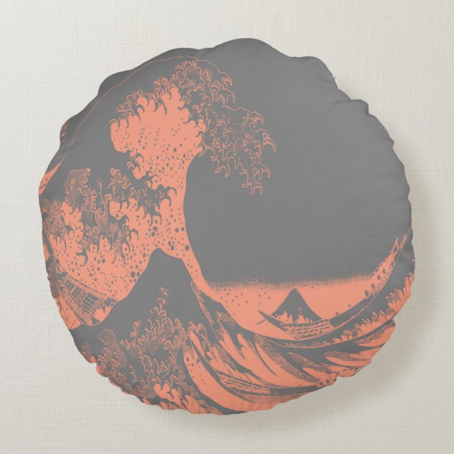 Die große Welle rund Kissen Pfirsich & Grau (Rückseite)