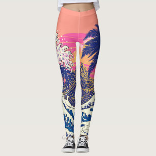 Die große Welle von Kanagawa und Palmen Leggings