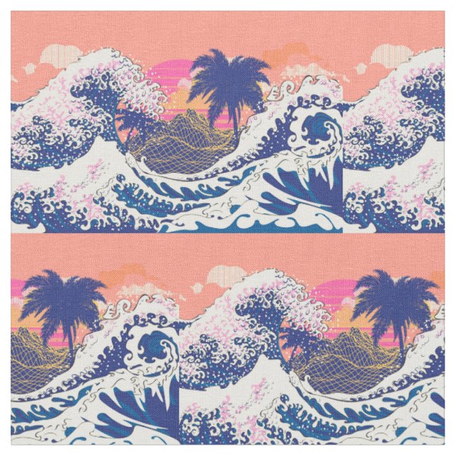 Die große Welle von Kanagawa und Palmen Stoff (Nahaufnahme)