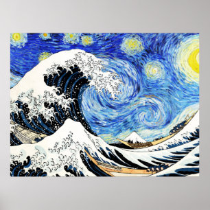 Die große Welle vor Kanagawa in Sternennacht Poster