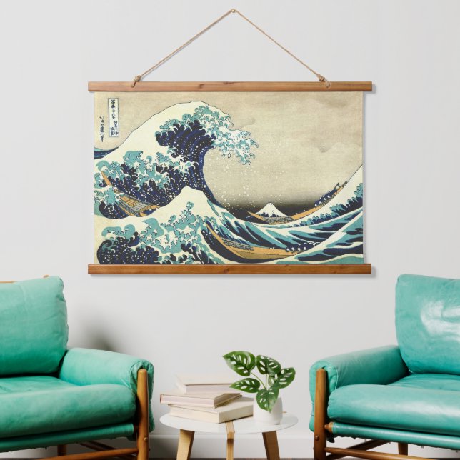 Die große Welle vor Kanagawa Katsushika Hokusai Wandteppich Mit Holzrahmen (Wohnzimmer)