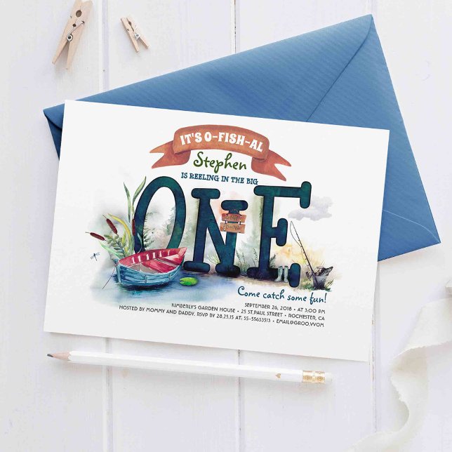 Die großen Fische betrachteten Jungen als ersten G Einladung (It's O-Fish-Al - Amazing Fishing Themed 1st Birthday Invitations)