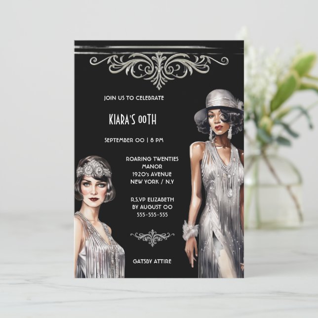 Die großen Gatsby | Silberschwarze Flapper Girls c Einladung (Stehend Vorderseite)