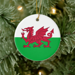 Die grüne und rote Flagge von Wales mit dem Drach Keramik Ornament