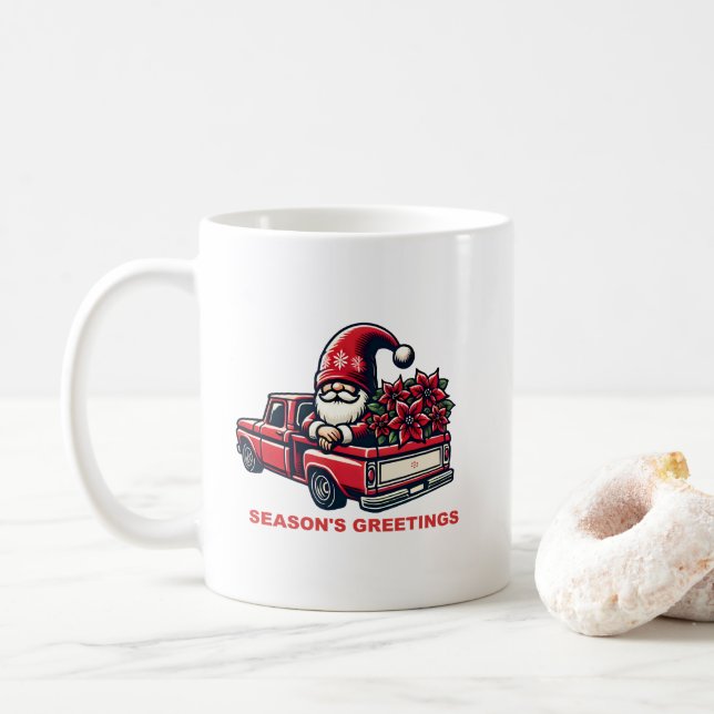 Die Grüße der Saison Poinsettia Gnome in Red Truck Kaffeetasse (Mit Donut)