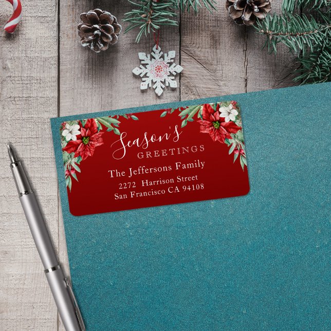 Die Grüße der Saison Poinsettia Rotes Weihnachtsfe Adressaufkleber (Season's Greetings Poinsettia Red Christmas Label)