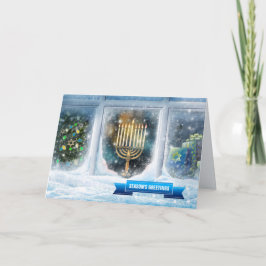 Die Grüße der Saison. Schneeszene mit Menorah Feiertagskarte