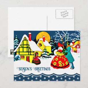 Die Grüße der Saison. Vintage Christmas Scene Feiertagspostkarte