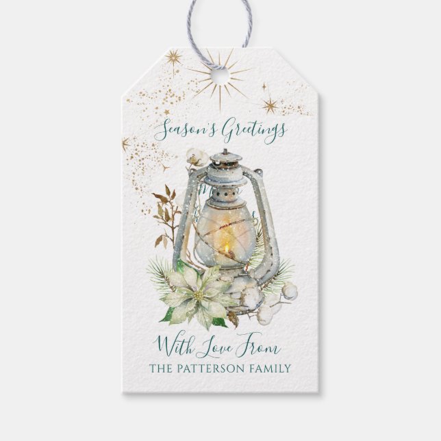 Die Grüße der Saison White Poinsettia Familienname Geschenkanhänger (Vorderseite)