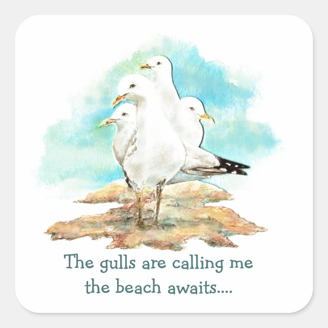 Die Gulls nennen mich "Der Strand wartet auf die M Quadratischer Aufkleber (Vorderseite)