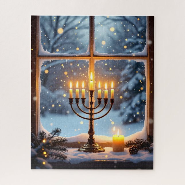 Die Hanukkah Menorah in einem schneebedeckten Wint Puzzle (Vertikal)