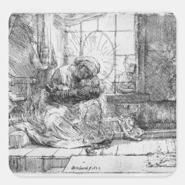 Die heilige Familie mit einer Katze, 1654 Quadratischer Aufkleber (Vorderseite)