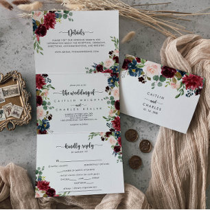 Die Herbsthochzeit der rustikalen Burgunder-Kallig Dreifach Gefaltete Einladung