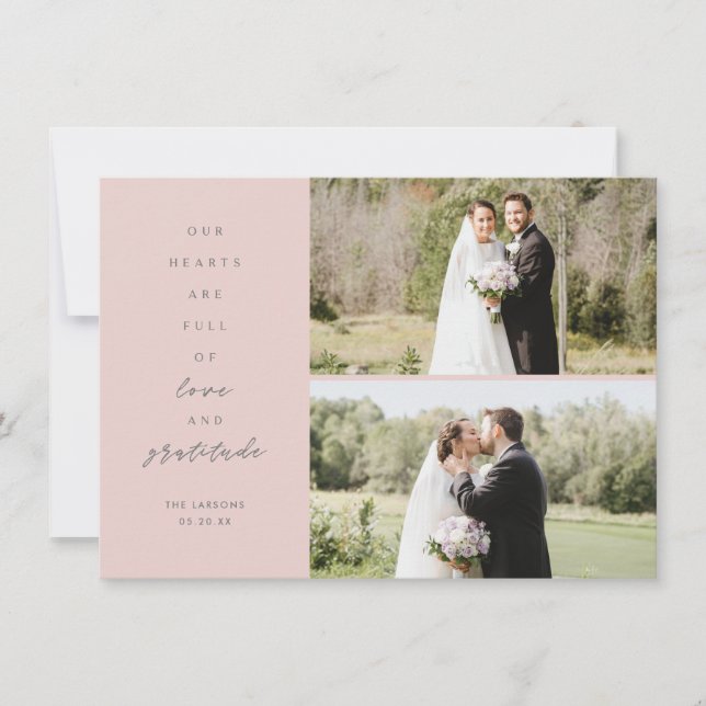 Die Herzen sind drei Foto Blush Gray Wedding Dankeskarte (Vorderseite)