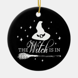 Die Hexe ist drin mit Hut und Besen Halloween Schw Keramik Ornament