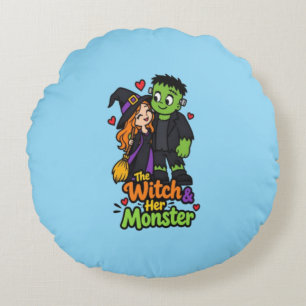 Die Hexe und ihr Monster Süßes Halloween-Pärchen T Rundes Kissen