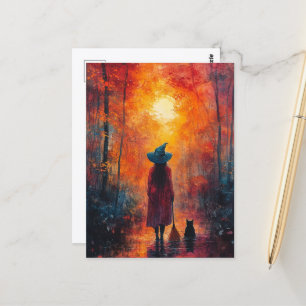 Die Hexe und ihre Katze im Herbstwald Postkarte